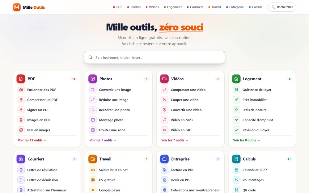 Page d’accueil de Mille Outils sur ordinateur : une recherche et les outils rangés par thème (PDF, photos, logement…)